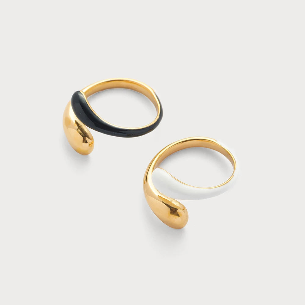 High End Waterproof 18K PVD Gold Plated Black White Enamel Hug Open Rings Stainless Steel Jewelry Women Gift YF2809