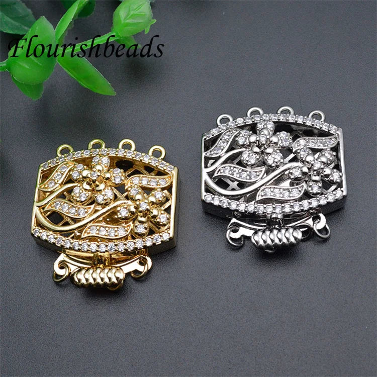 Delicate Design Gold Rhodium Plated CZ Pave Big Size Rectangle Flower Necklace Clasp for Jewelry Making