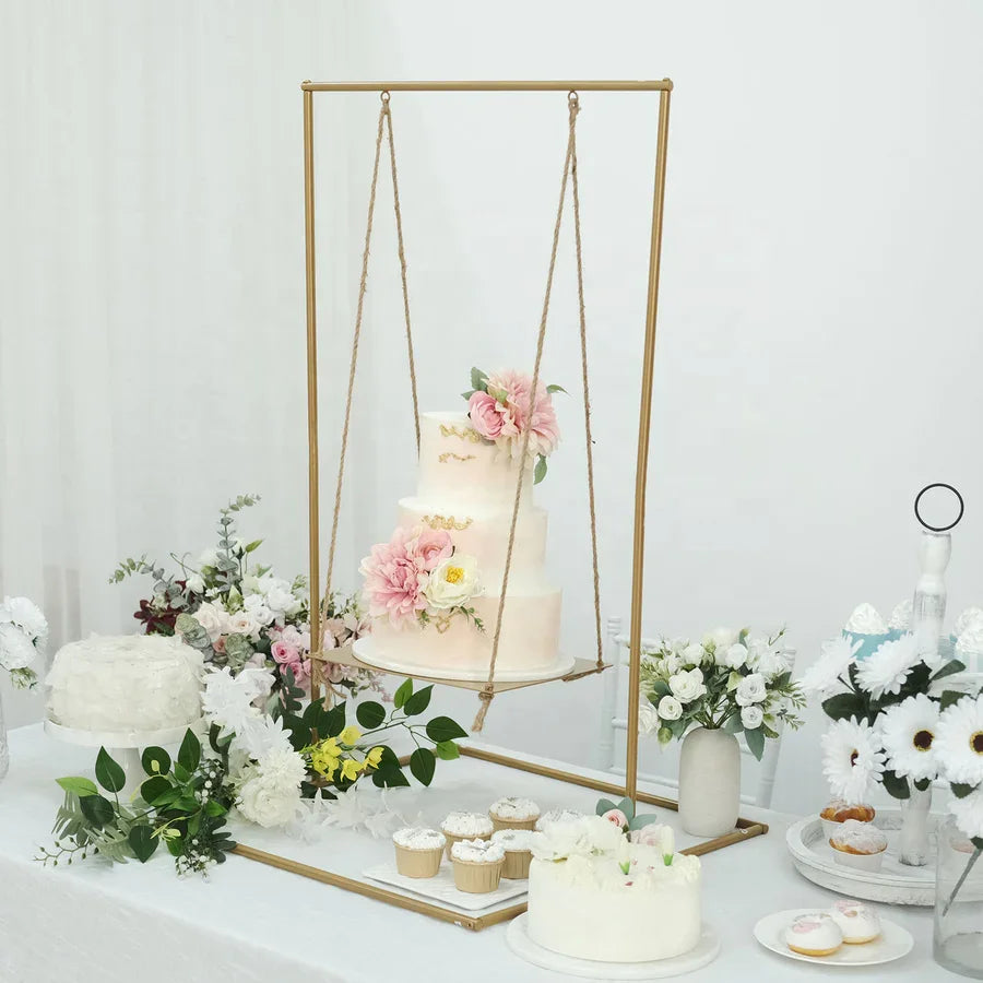 Gold Metal Hanging Cake Stand Swing with Jute Rope Dessert Display Centerpiece
