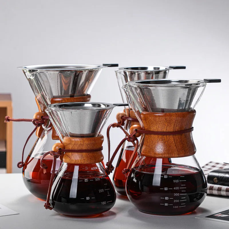 400/800/1000ml Reusable Borosilicate Glass Coffee Tea Filter Basket Wood Sleeve American Style Manual Pour Brewing Stocked Home