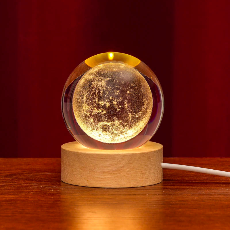 Factory Custom Popular Clear 3D Galaxy Moon Solar Souvenir Gifts LED Base 3D Laser Carved Crystal Glass Ball Sphere with Light