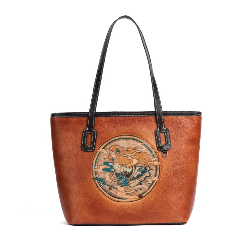 Westal Women Vintage Cowhide Leather Embossed Shoulder Tote Bag Large Work Purse Handbag Genuine Leather Women Laptop Tote Bag