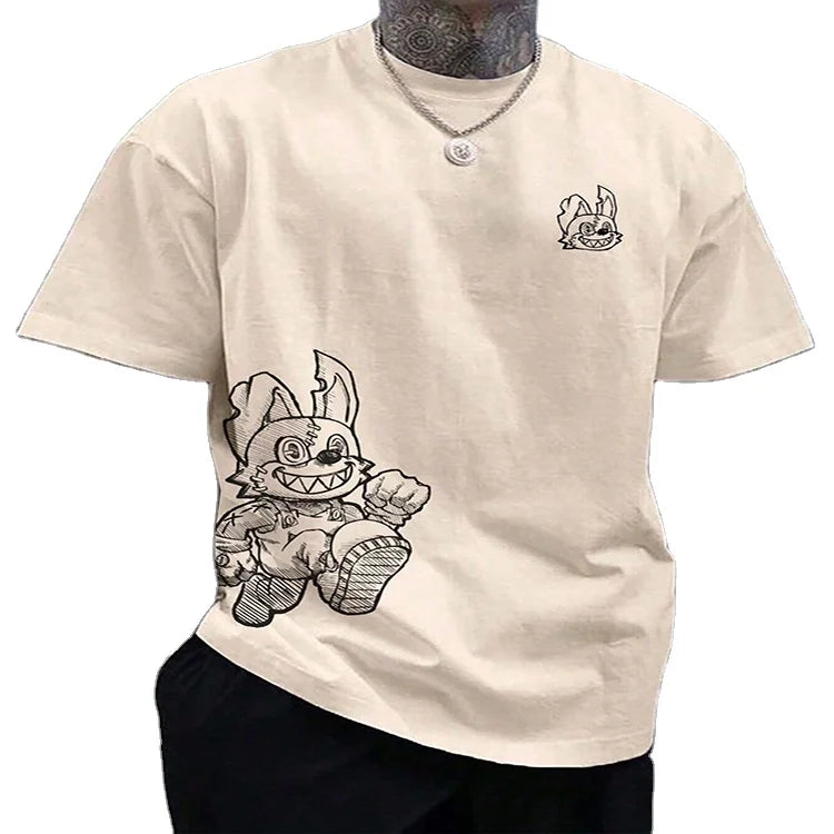 Heavyweight 260 Gsm 100% Cotton Knitted Oversized Men's T-Shirts with Digital Print Cartoon Pattern & Blank Design