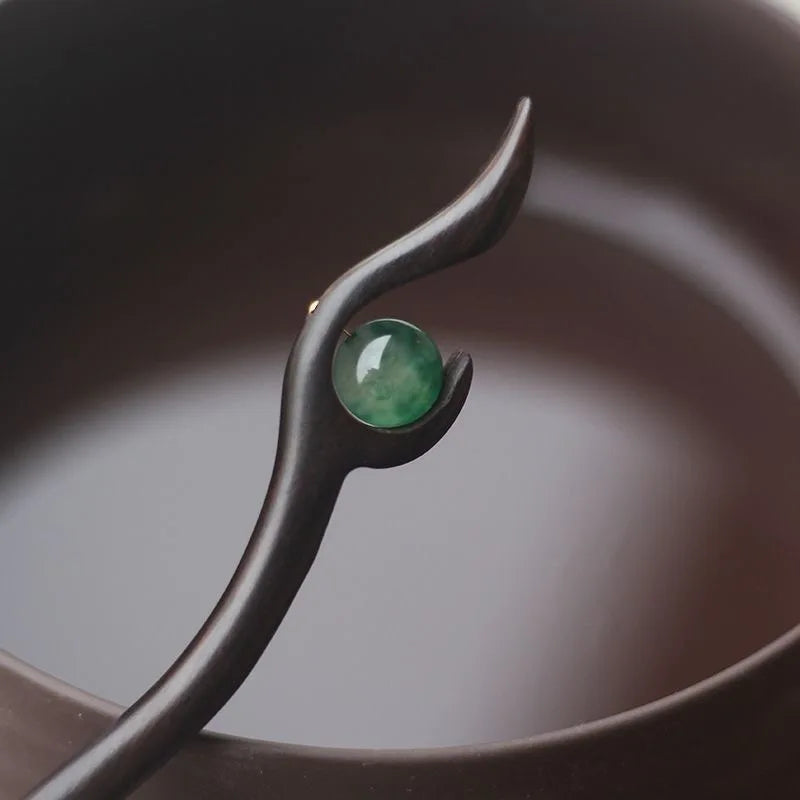 Natural Green Beads Ebony Hairpin Women Chinese Vintage Headwear Step Shaking Hairpin Chopstick Hair Stick Ancient Hair Ornament