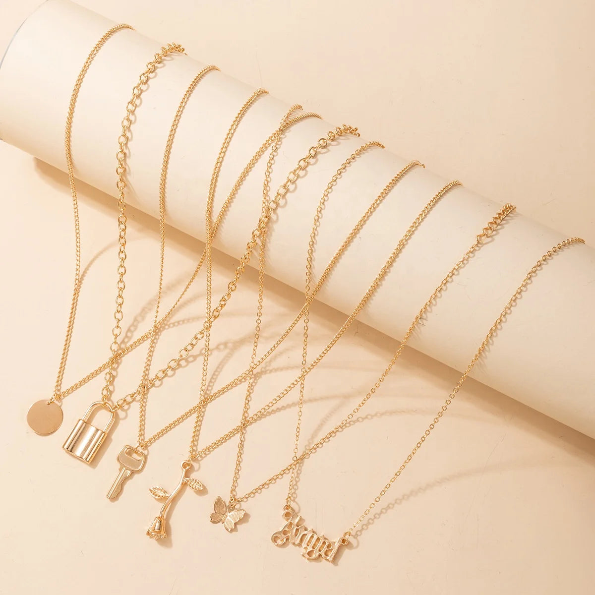 SC Hot New Gold Plated Letter Necklace Multi Element Multilayer Necklace Chain Key Lock Rose Butterfly Necklace for Women