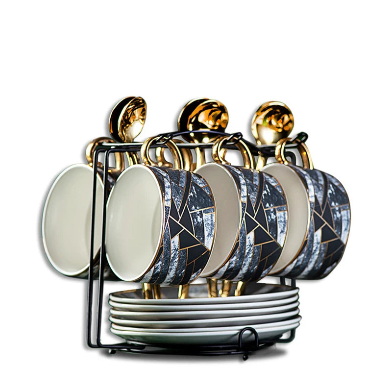 Nordic Style Ceramic Tea Coffee Cup Sets Light Luxury Irregular Marbled Porcelain Coffee Cups Saucers