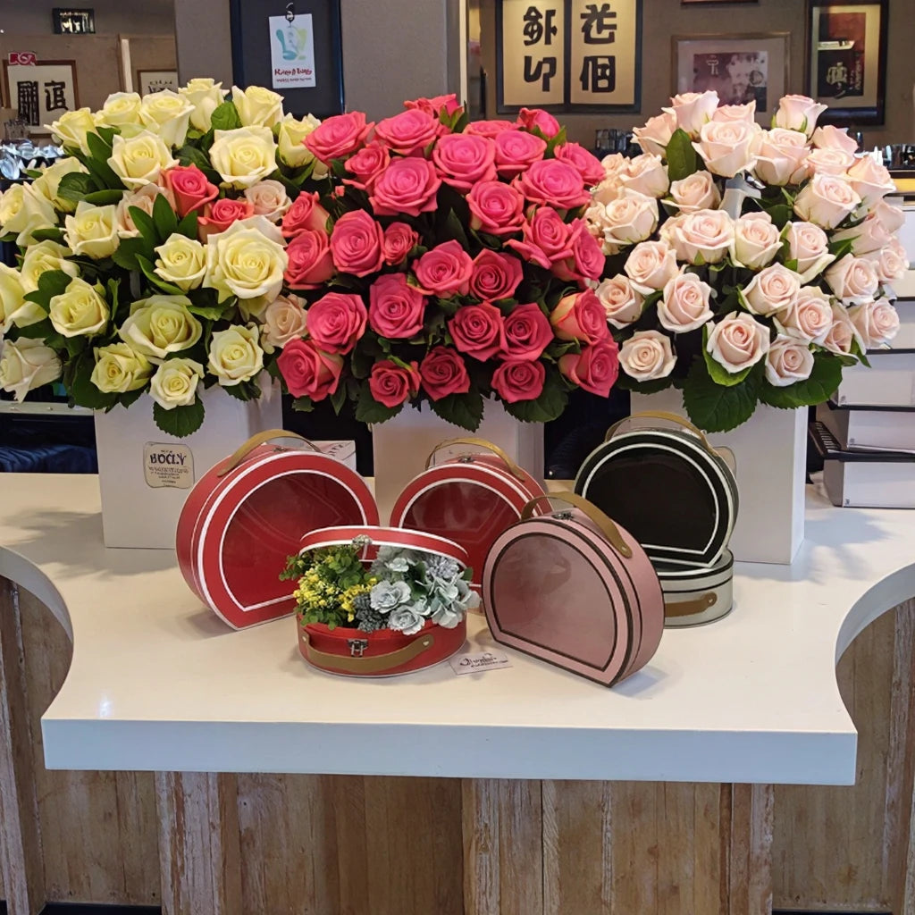 High Quality Transparent PVC Window Suitcase Flower Box Customizable 3-Piece Gift Packaging Embossing High Visibility Durability