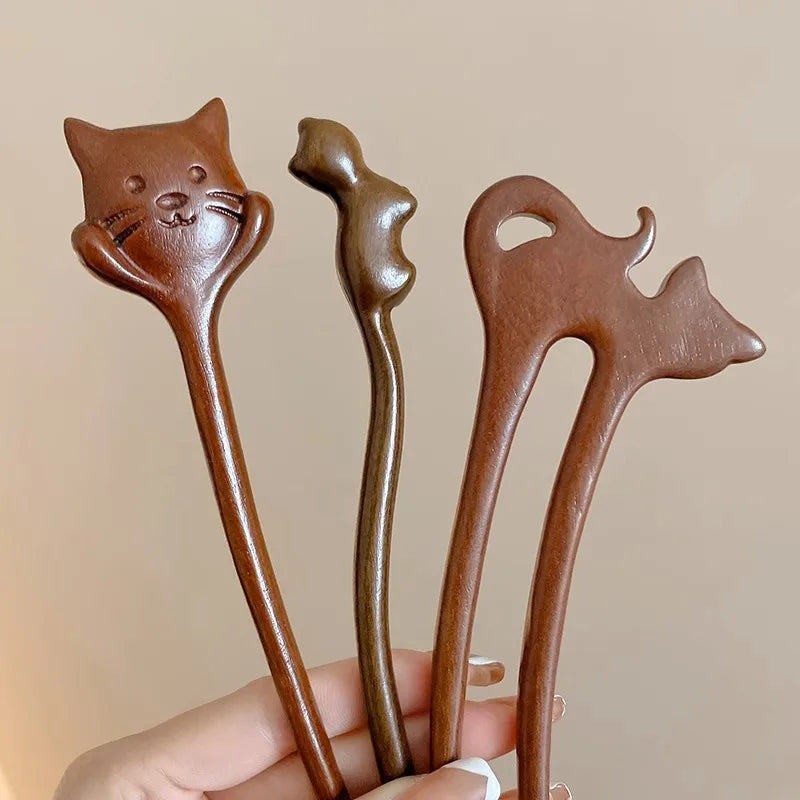 Vintage Chinese Style Wood Sword Hair Stick Chopstick Women Ancient Wooden Hairpin Retro Hair Stick Cat Sandalwood Hairpin