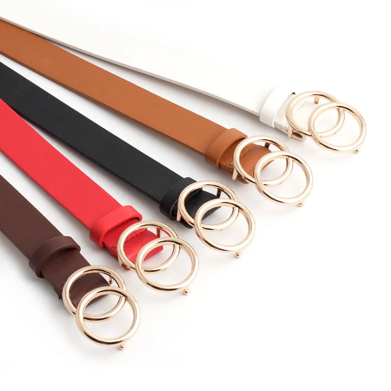 2.7cm Width Custom Size Wholesale Double Ring Buckle Women Fashion PU Leather Belt Gold Buckle Belt