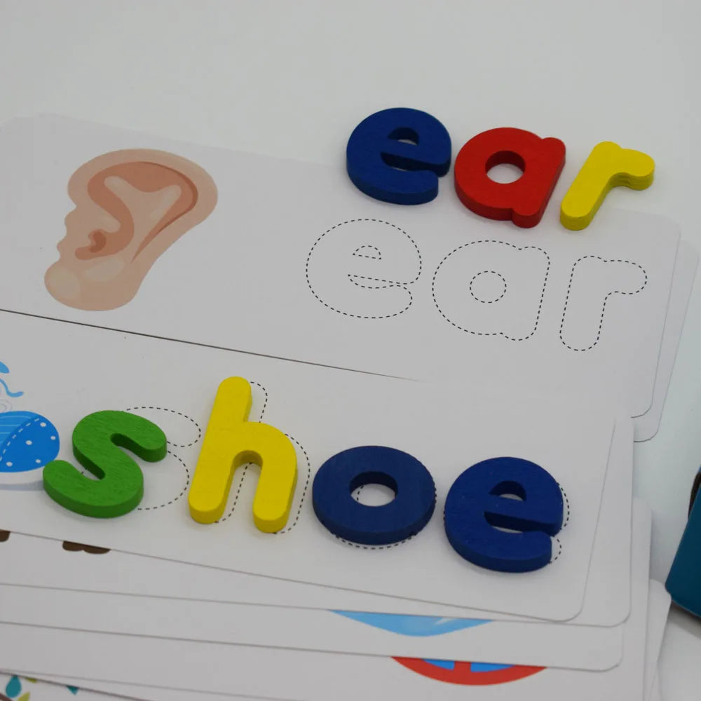 QINGTANG Preschool Letter Matching Game Spelling Learning Toy With Wooden ABC Alphabet Flash Cards