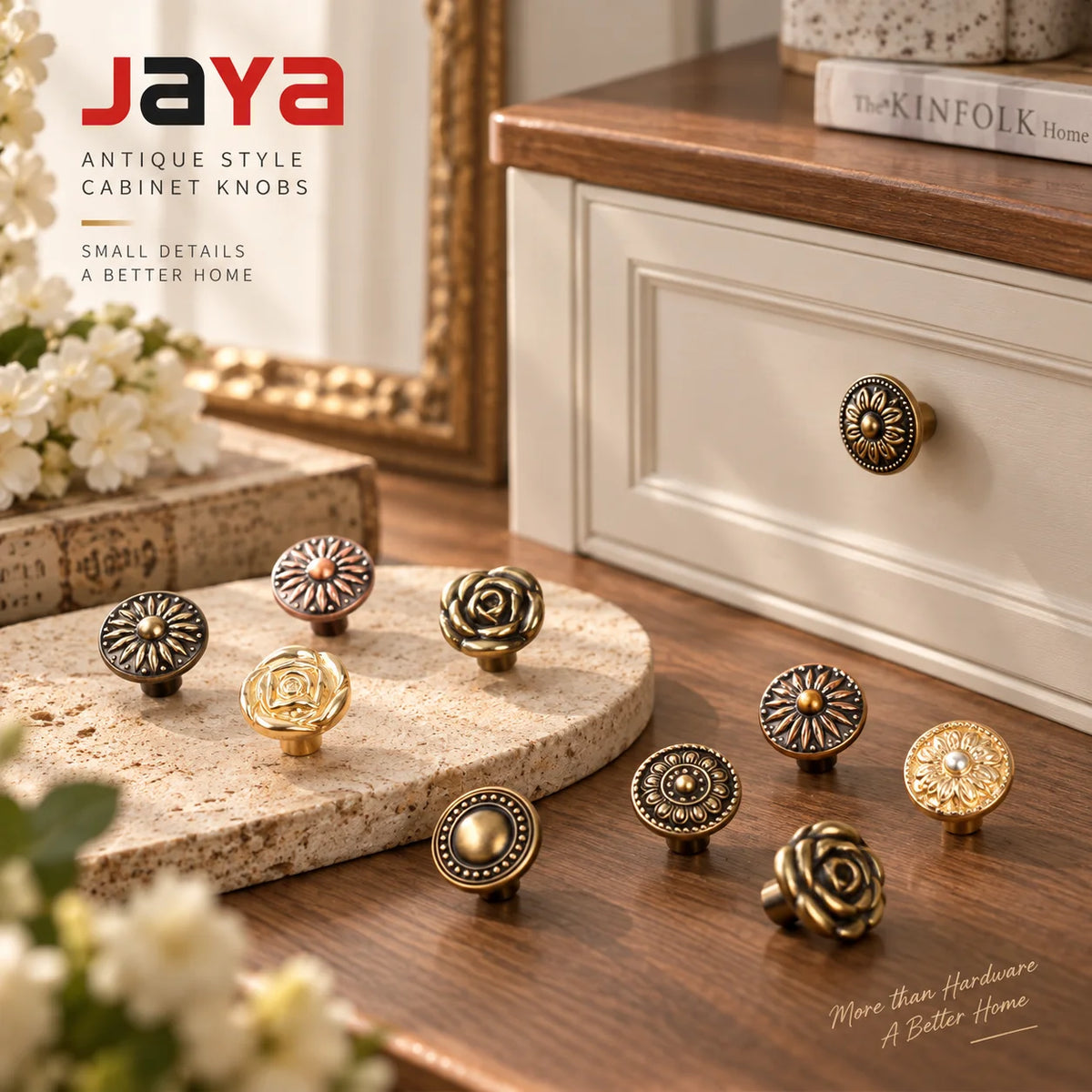 JAYA Antique Bronze Zinc Alloy Round Floral Cabinet Knobs Single Hole Drawer Pulls for Kitchen Dresser Wardrobe Furniture