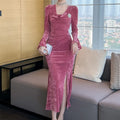 ZYHT 31013 Rose Ruched Flared Draped Sleeve Cowl Neck Casual Slit Dress Slim Bodycon Women Evening Party Dress
