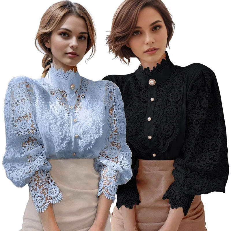 Womens Puff Sleeve Shirts Lolita Embroidery Lace Blouses Victorian Tunic Elegant Renaissance Tops Long Sleeve Shirt