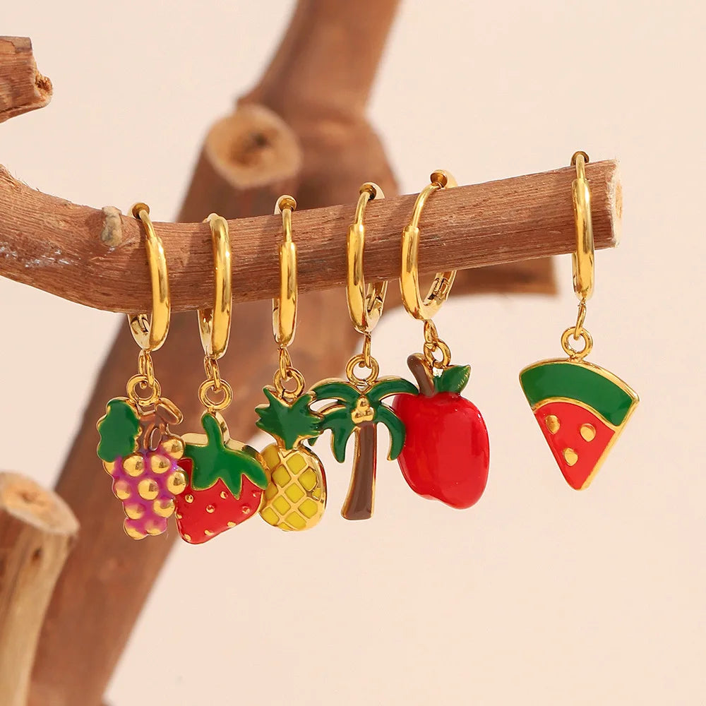 New Fresh Summer Fashion Red Enamel Fruit Drop Earring Colorful 18k Gold Plated Stainless Steel Jewelry
