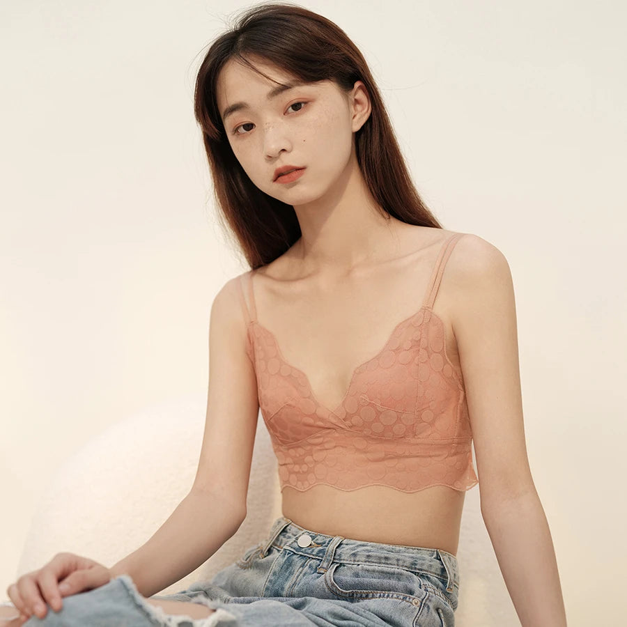 Japanese Comfortable Girl Dot Mesh Lace Wireless Bra