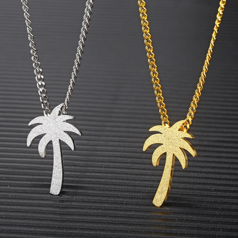 Stainless Steel Small Wooden Coconut Tree Necklace 18K Gold Coconut Tree Necklace Hiphop Necklace