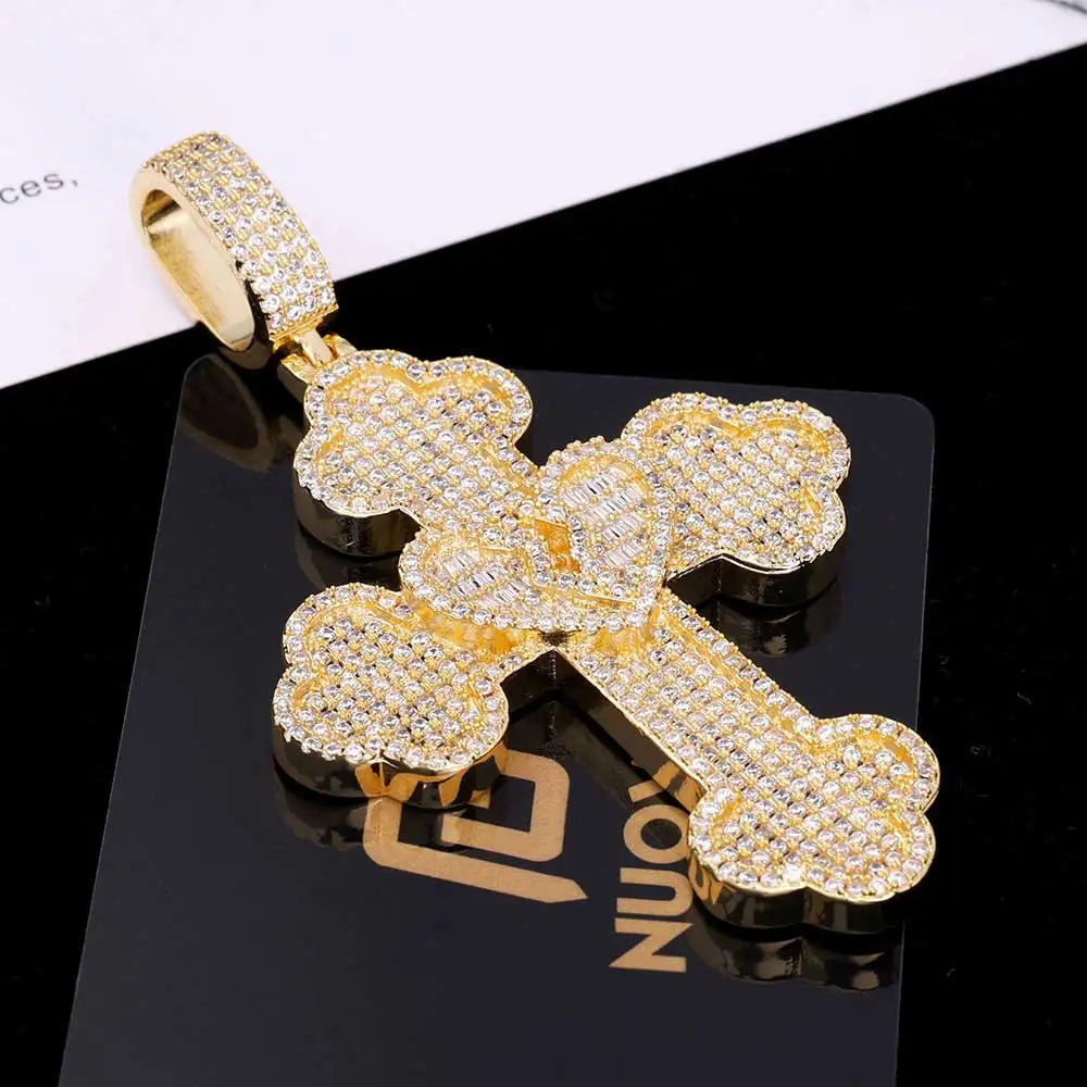 NUOYA New Style Large Cross Pendant Necklace Iced Out Jewelry Bling CZ Stone Gold Plated Heart Cross Pendant for Men Women