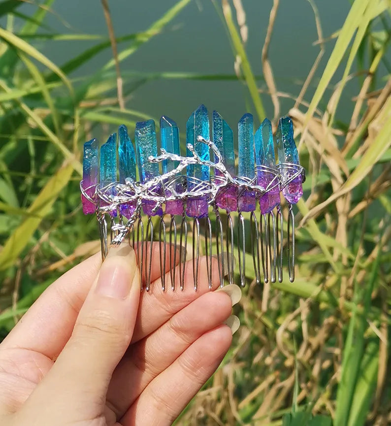 HY Competitive Price Witch Tree Fork HY Natural Blue Purple Crystal Comb Rainbow Bridal Silver Thread Comb