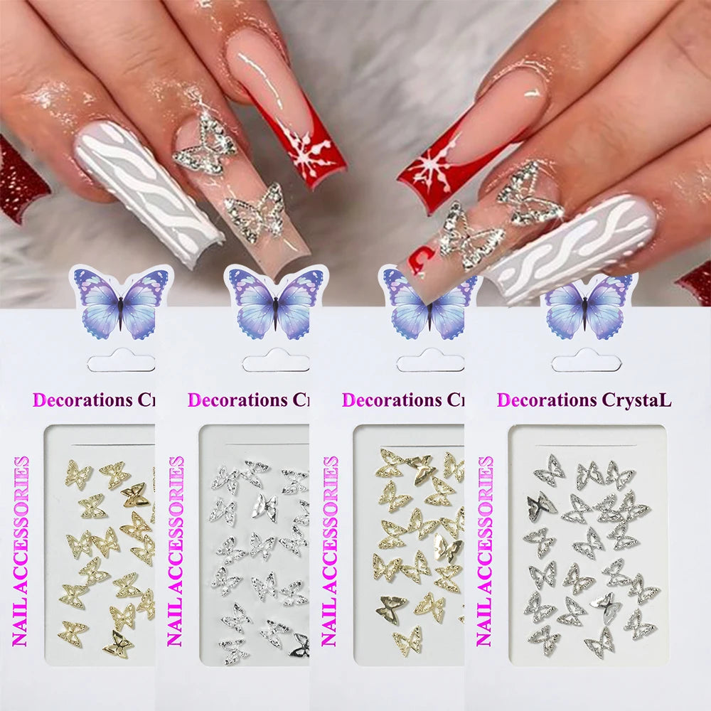 20pcs/bag 3D Butterfly Shaped Nail Rhinestones Star Flower Alloy Nail Charm Silver Gold Pearl Nail Jewelry Accessories Supplies