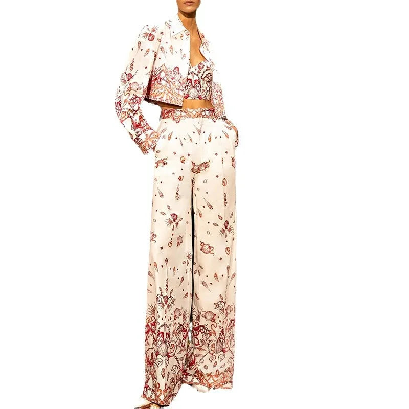 Early Spring 2025 Women's Eco-friendly Casual Three-Piece Satin Pant Suit Set Underwater World Printed Solid Daily Wear Pants