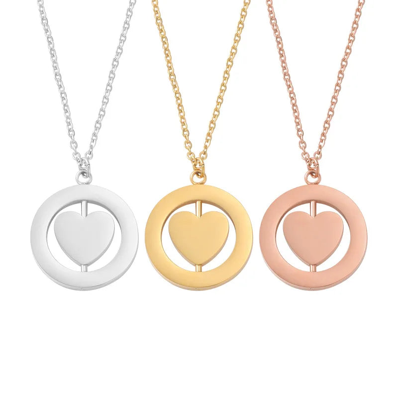 18K Gold Plated Stainless Steel Heart Round Pendant Necklace Waterproof Spinner Rotatable Necklace for Women