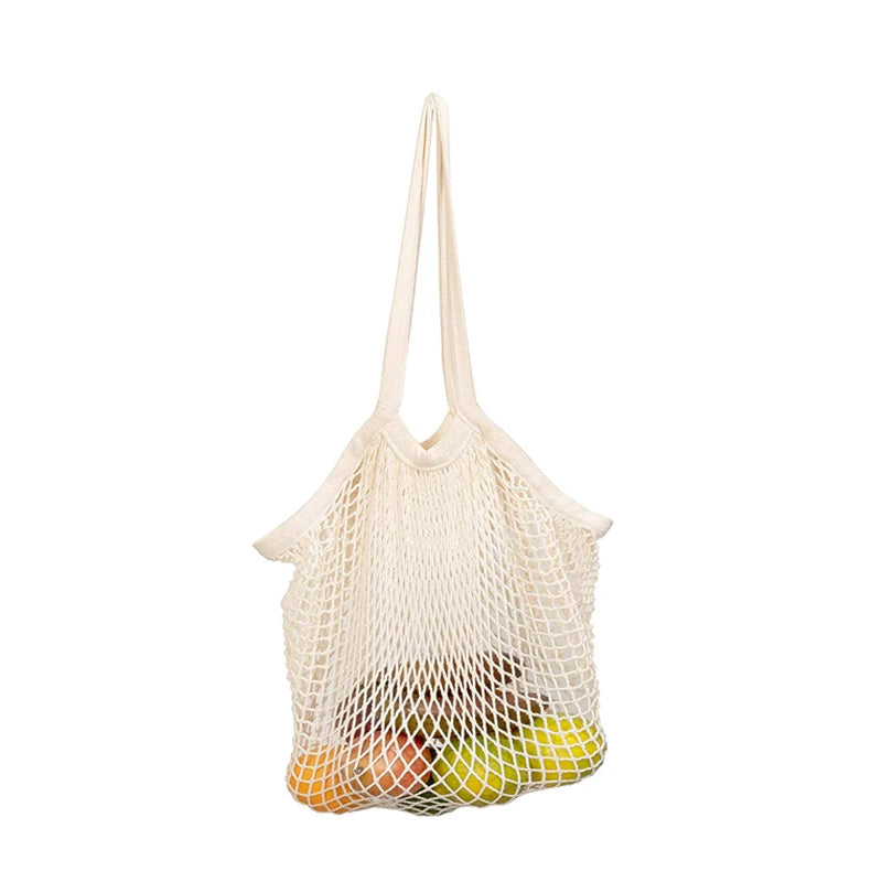 Eco-Friendly Organic Cotton Mesh Shopping Bag Custom Design Folding Style with Rope Handle Reusable Washable Geometric Pattern
