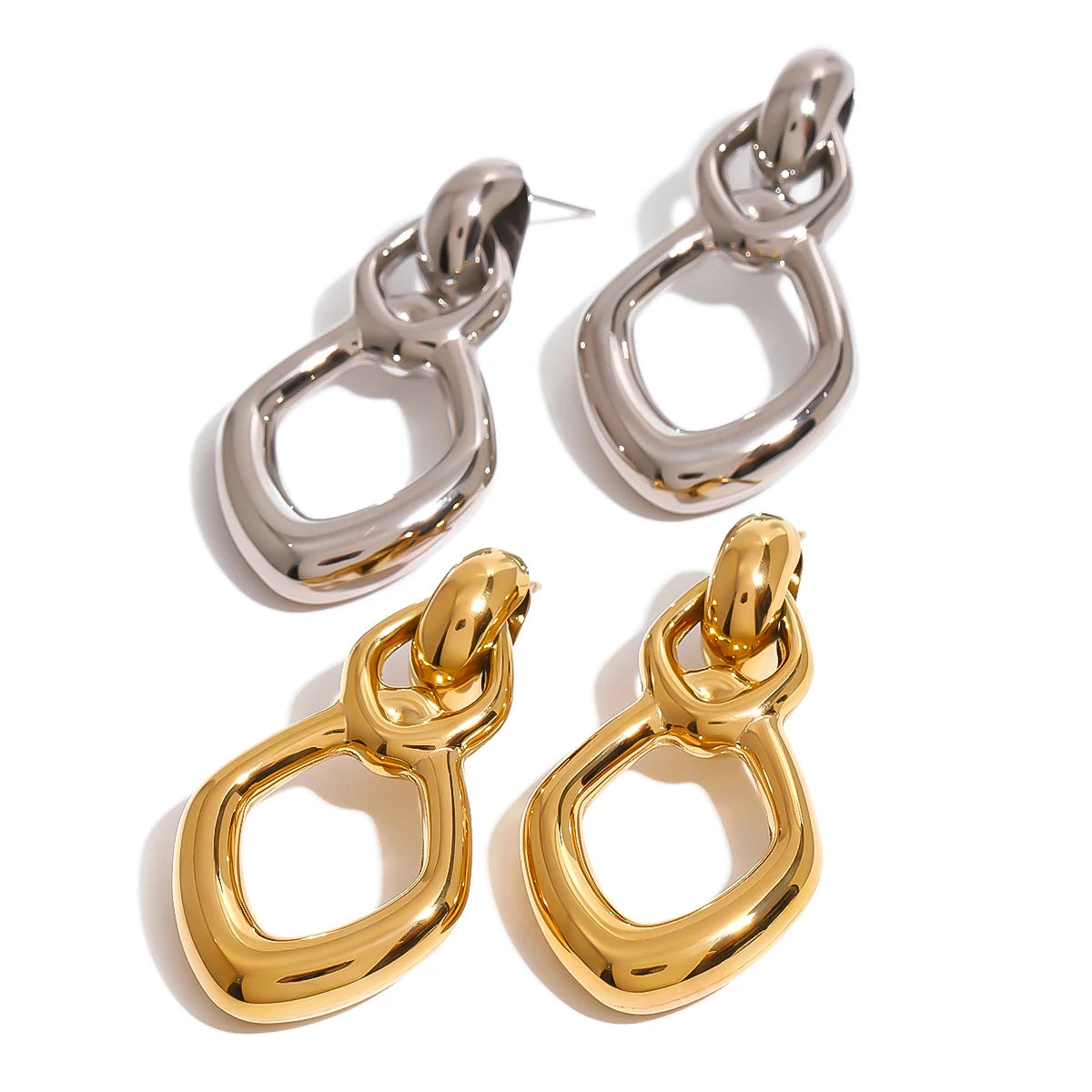 J&D Fashion Jewelry 18K PVD Stainless Steel Geometric Diamond Hollow Polished Drop Earrings