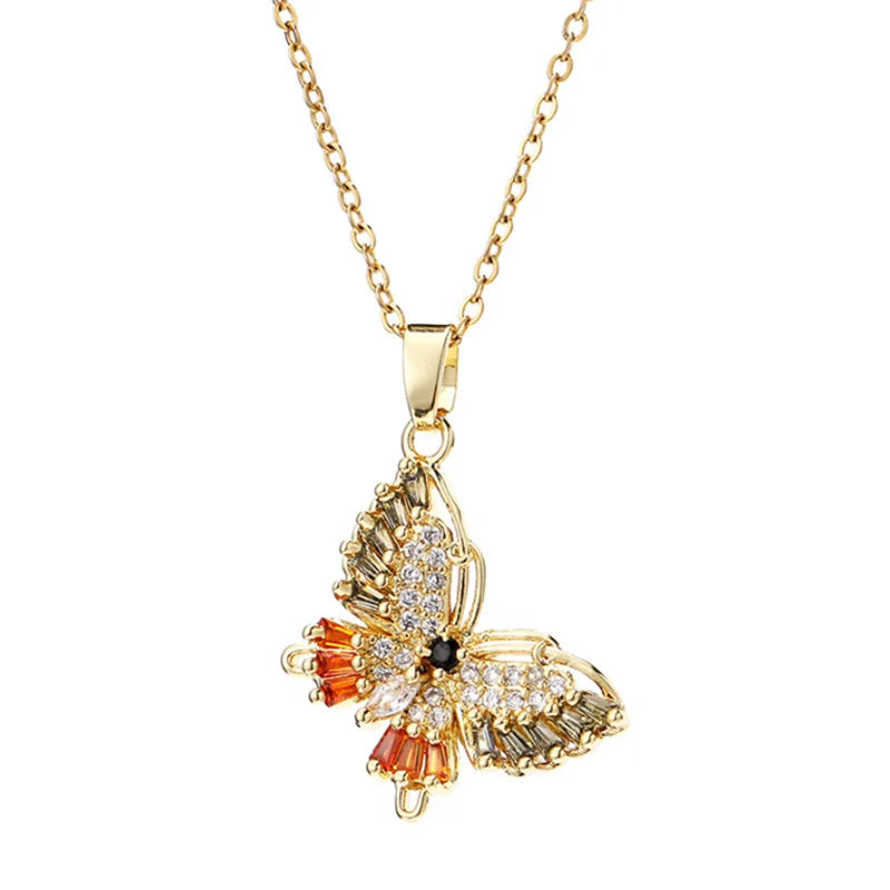 Luxury Fenxinju Jewelry Copper Necklaces Cyrstal Rhinestone Link Chain Charm Butterfly Zircon Pendants Necklace for Women Girls