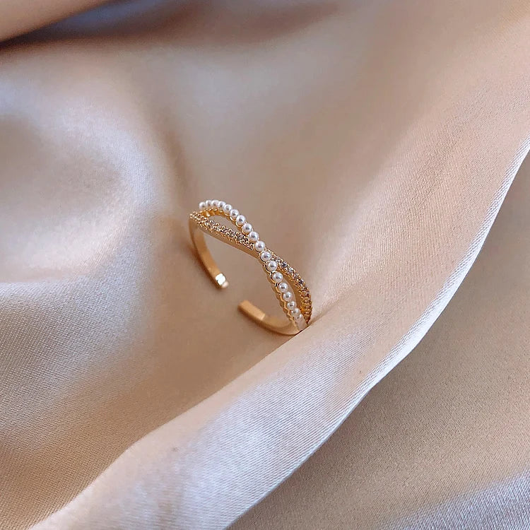 HOVANCI 4 Korean Style Gold Plated Open Cuff Twist Ring Glitter Micro Pave Crystal Pearl Finger Ring for Women Jewelry