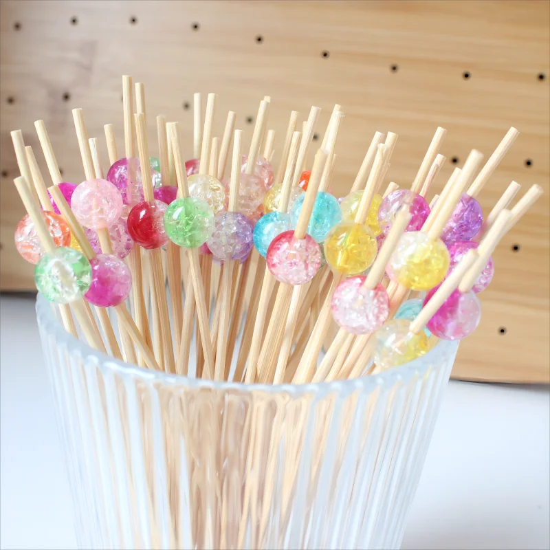 J&M 100pc Count 4.7inch Gradient Cracked Beads Bamboo Handmade Appetizer Colorful Fruit Skewer Decorative Beaded Cocktail Pick