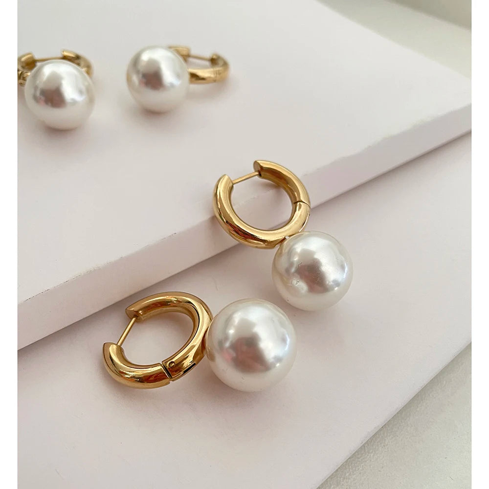 Stainless Steel Double Circle Round White Pearl Earrings Sphere Ball Chunky Hoop Earrings for Women Korean Elegant Jewelry 2022