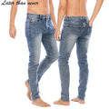 Designer Distressed Straight Cut Men's Blue Denim Pants Mid Waist Casual Cotton Washed Jeans