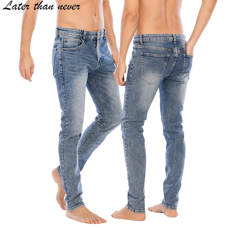 Designer Distressed Straight Cut Men's Blue Denim Pants Mid Waist Casual Cotton Washed Jeans