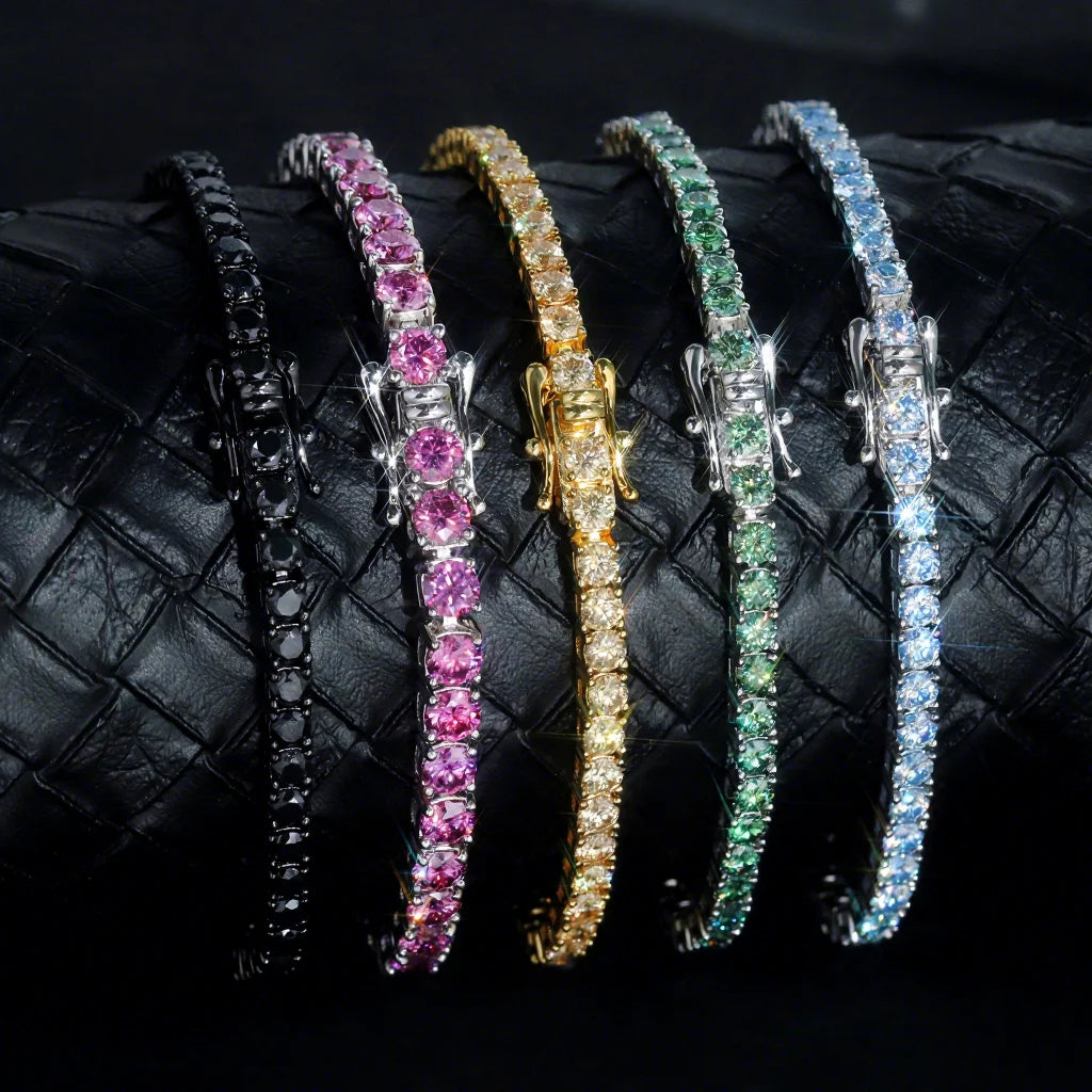 Hot Sale Hip Hop 925 Sterling Silver Yellow Blue Green Black Pink White Color Sparkling Moissanite Tennis Chain Bracelet