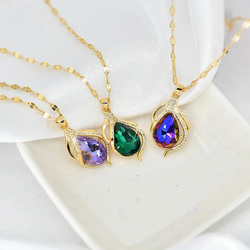 New Waterdrop Shape Green Emerald Pendant Necklace Real Gold Plated Cubic Zircon Necklace Jewelry for Women Girls