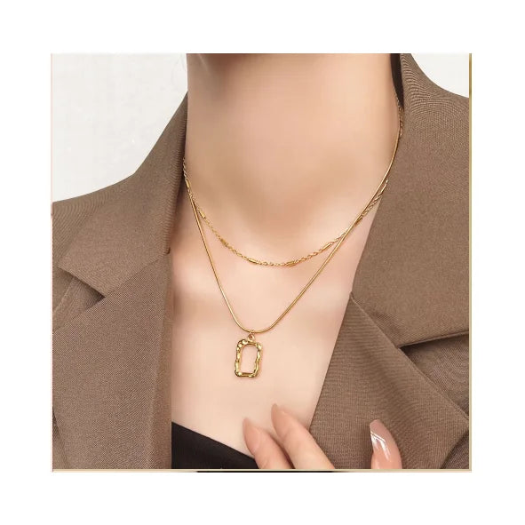 Collar De Hip Hop Trendy 18K Gold Plated   Double Layer Necklace Rectangular Pendant  Stainless Steel Necklace Pendant Jewelry