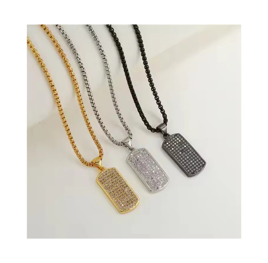 2024 Hot-Sale Men HipHop Rectangle Pendant Box Chain Necklace Copper With Zirconia Stainless Steel Pendant Necklace