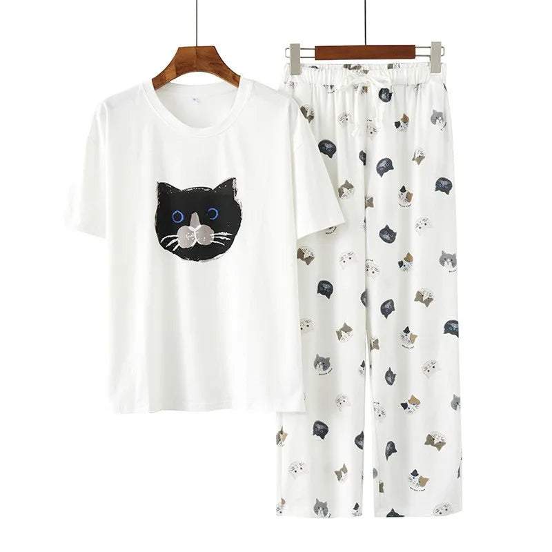Modal Women Pajamas Set Summer Short Sleeve Kitty Printing Women Pajamas Super Soft Jersey Reactive Printing Pajamas
