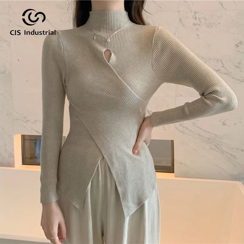 Luxury Korean Style Women's Sweater Unique Prethoracic Hollow Cross Long Fit Sleeves Knitted Top for Autumn