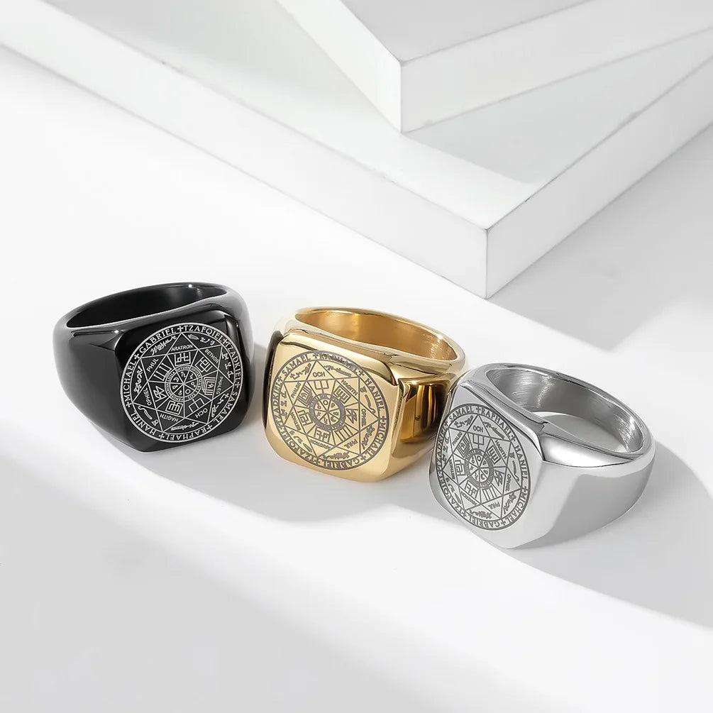 Fashion Stainless Steel Heptaphora Jewelry Solomon Kabbalah Seal Gold Plated square Rings Wholesale