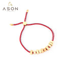 Ason Jewelry Fashion Crimson Leather Adjustable Bracelet Stainless Steel Gold Color 10 Small Rectangular Squares Bracelet