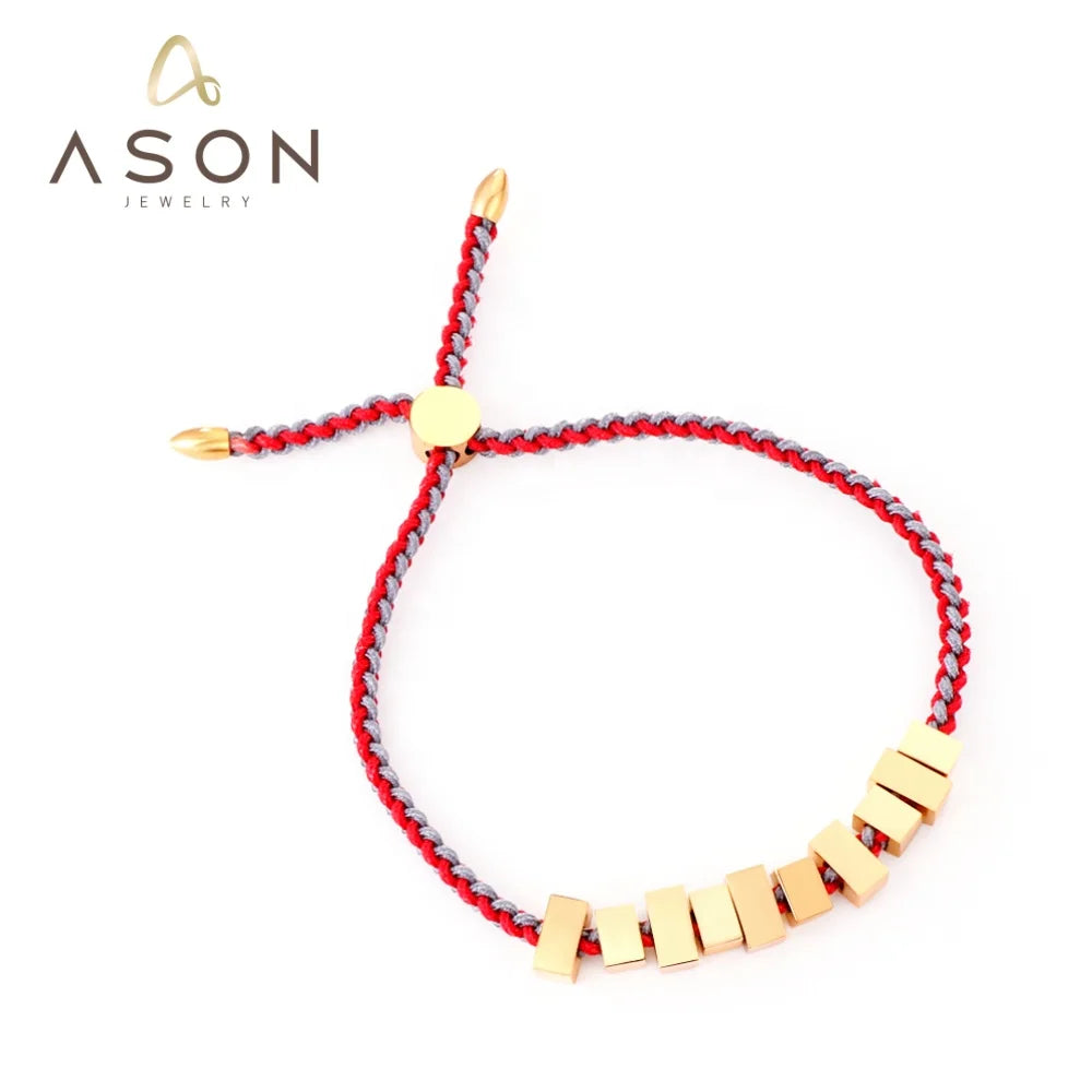 Ason Jewelry Fashion Crimson Leather Adjustable Bracelet Stainless Steel Gold Color 10 Small Rectangular Squares Bracelet