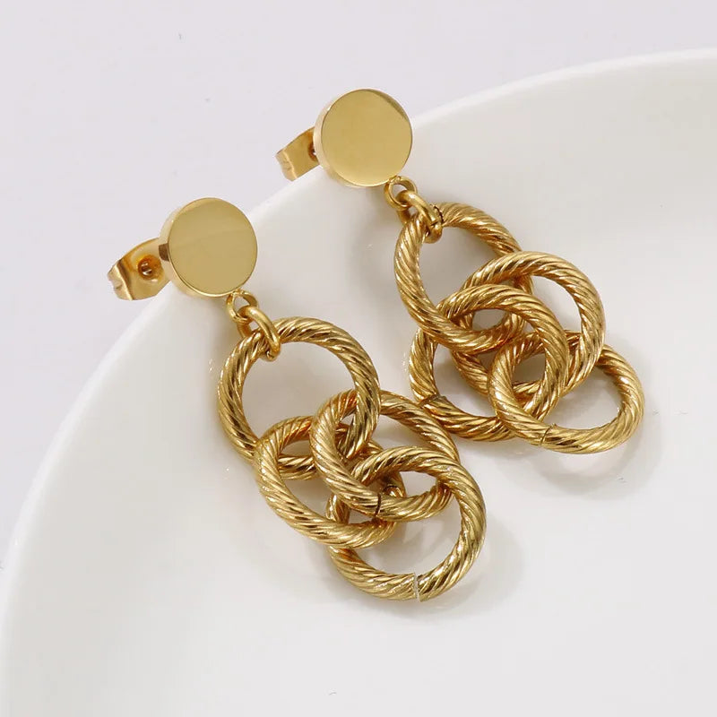 Fashion Vintage Style Metal Multi-Hoop Tassel Stainless Steel Jewelry Earrings for Women