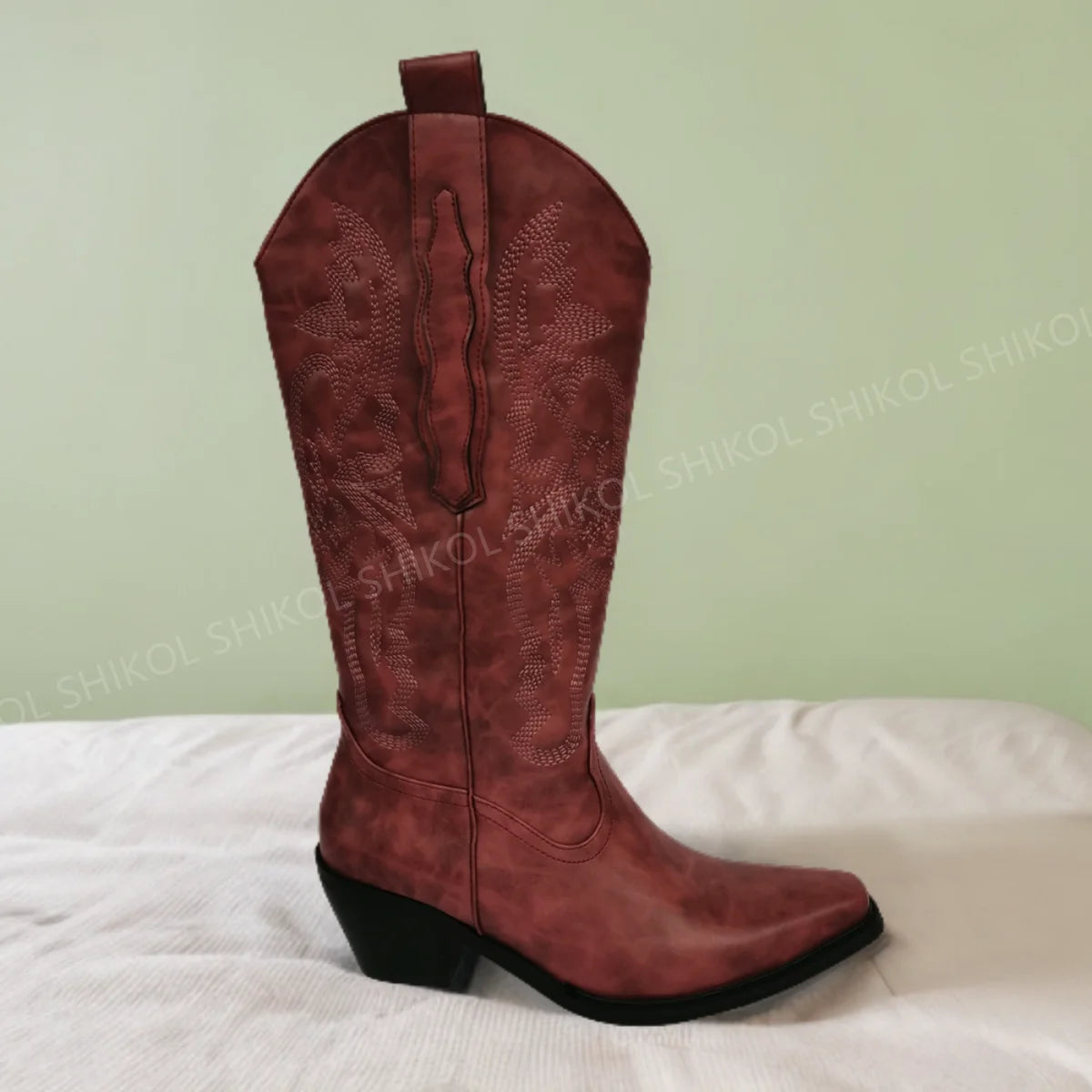 SHIKOL Light Burgundy Leather Cowboy Boots Embroidery New Colors Mardi Party Gras Music Festival Cowgirl extra Wide Calf Boots