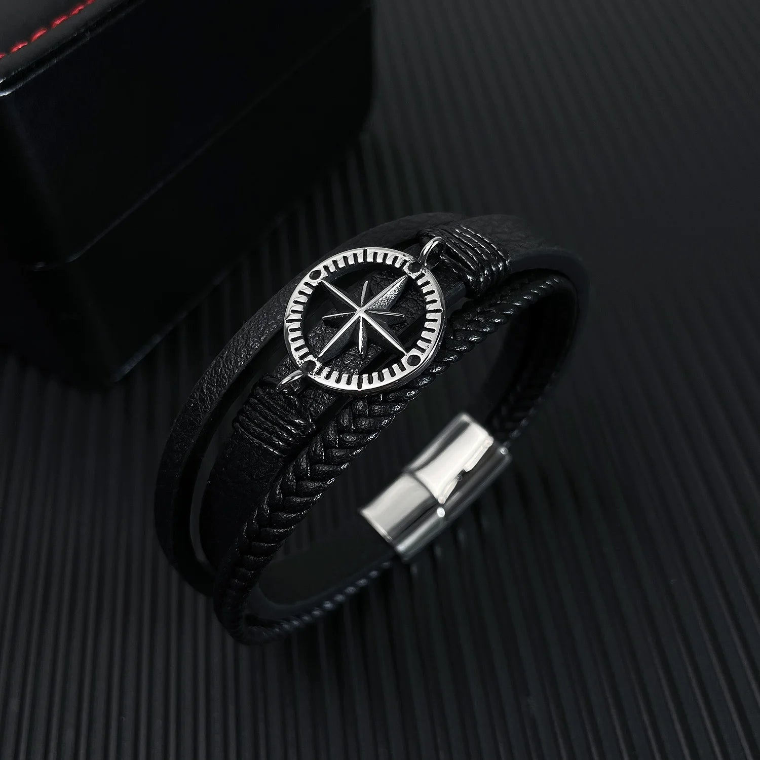 New Fashion Hand Knitting Leather Bracelet Stainless Steel Star of David Men's and Women's Magnetic Buckle Hip Hop Bracelet