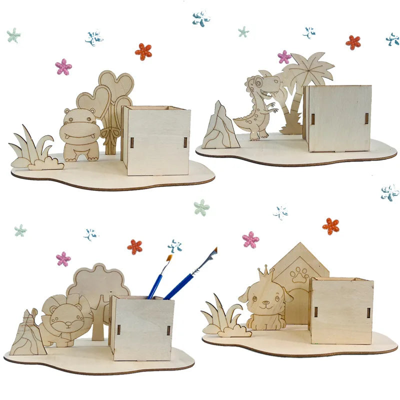 TaiLai Eco-Friendly High Polished Wooden Pen Holder Cartoon DIY Blank Design Coloring Container for Desk Organization Craft Pens
