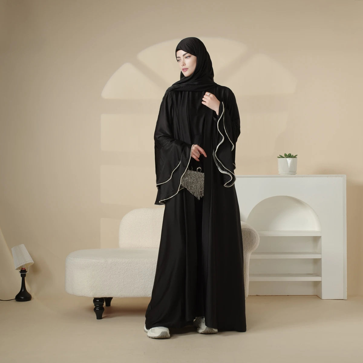 New Ramadan Eid Modest Fashion Traditional Rhinestones Beaded Balloon Wide Sleeves Dubai Muslim Abaya Robe Kihmar Dress