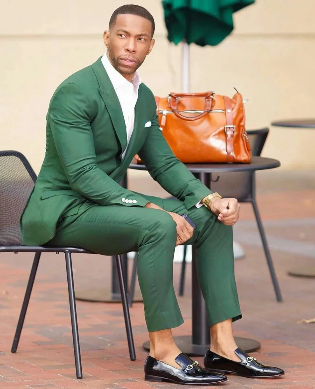 Fashion Green Top Lapel Men Suits Costume Homme Prom Suits Coat for Groom Blazer Wedding Tuxedo Party 2 Pcs (Jacket+Pants)
