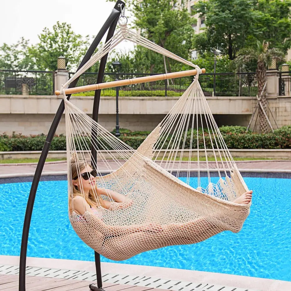 Modern Cotton Netting & Wood Foldable Swing Hanging Chair Hammac Portable Outdoor Furniture for Garden Living Room or Bedroom