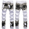 AeeDenim Men's Jeans Custom Logo Trendy Slim Straight Long Pants Elastic Summer White Camouflage Print Comfortable Denim